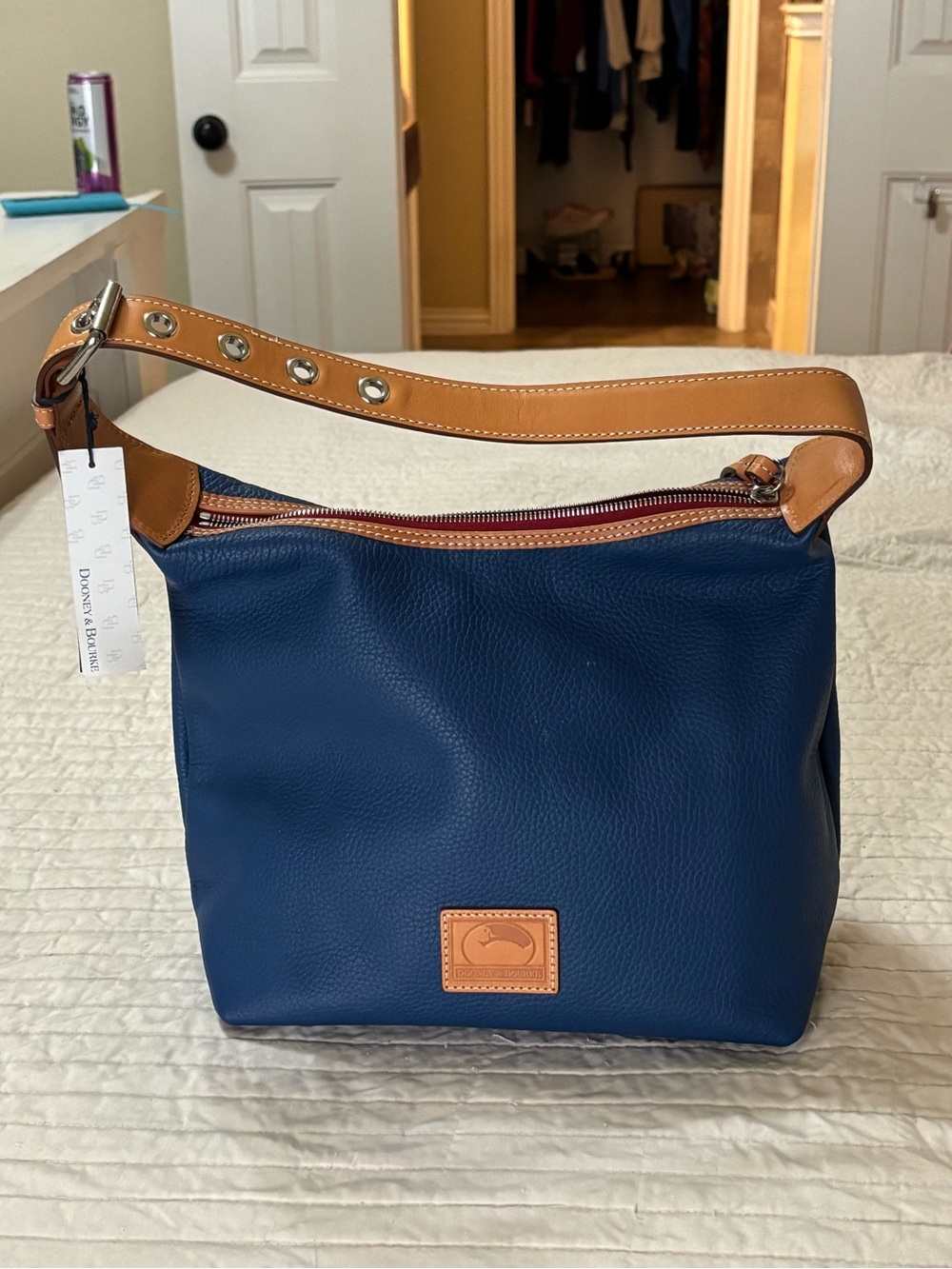 Dooney & Bourke Navy Leather Shoulder Bag with Tan Strap